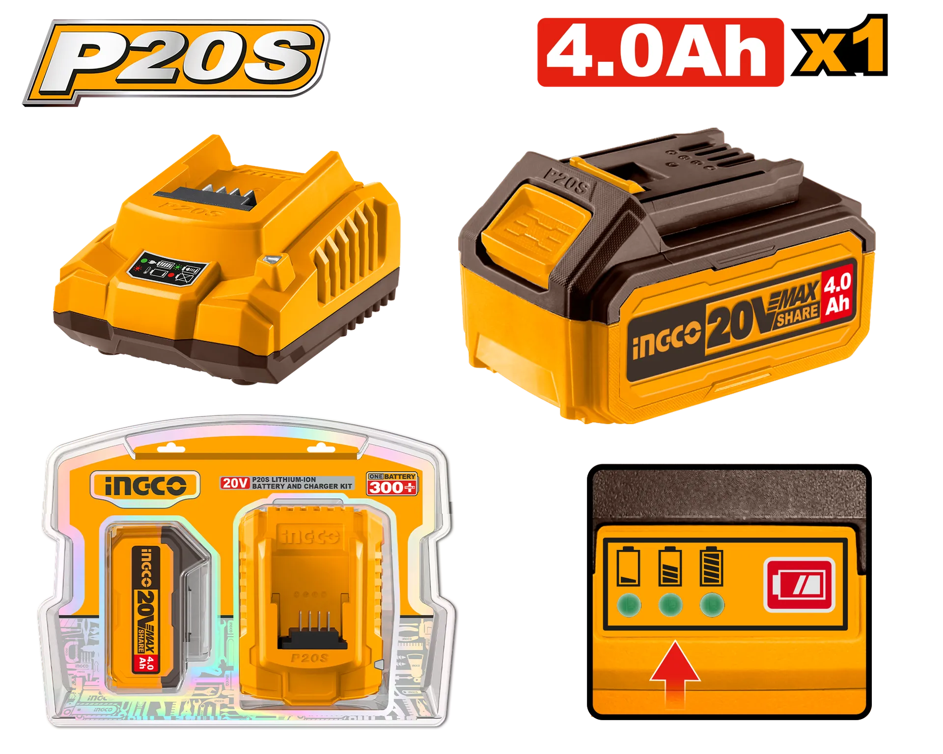 Bateria 20V 1x2x4.0Ah + karikues 2A INGCO FBCPK1214