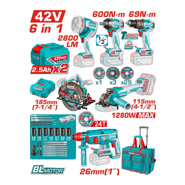 COMBO СЕТ 6/1 42V 2×2.5Ah TOTAL TOSLI260496