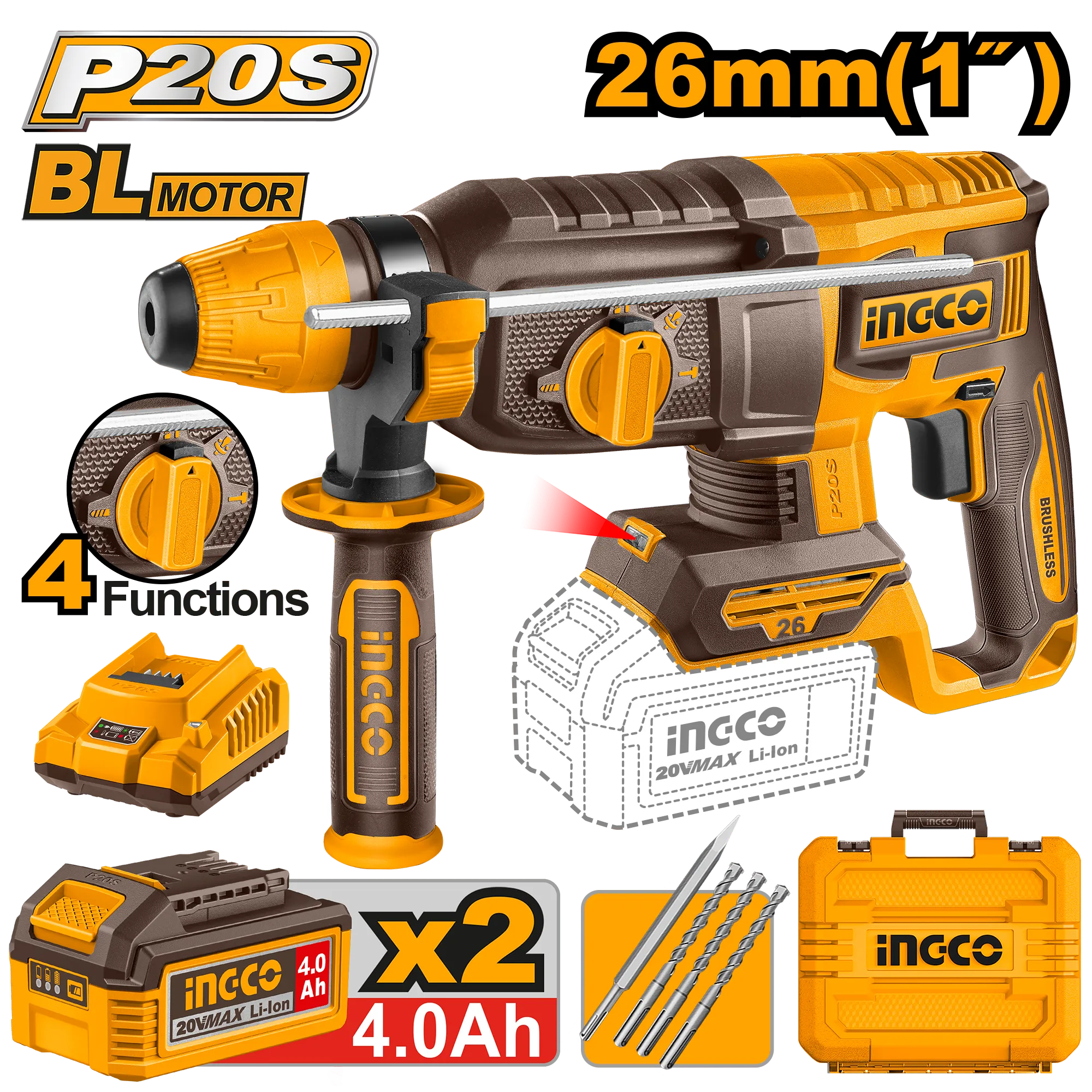 Çekiç shpues goditës SDS+ 20V 2x4.0Ah 26mm INGCO CRHLI202682
