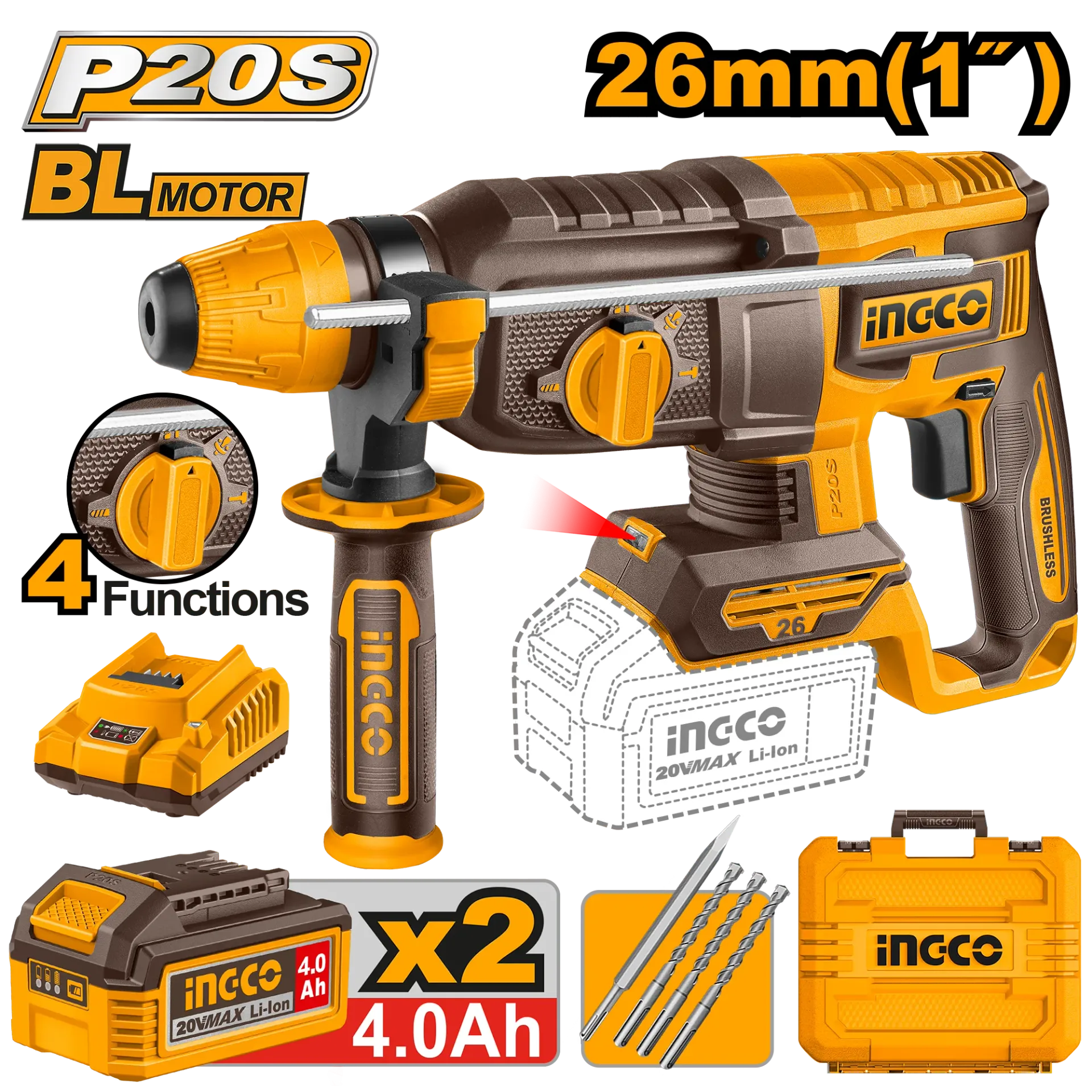 Çekiç shpues goditës SDS+ 20V 2x4.0Ah 26mm INGCO CRHLI202682