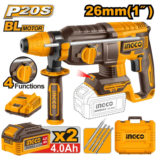 УДАРЕН ЧЕКАН ДУПЧАЛКА SDS+ 20V 2×4.0Ah 26mm INGCO CRHLI202682