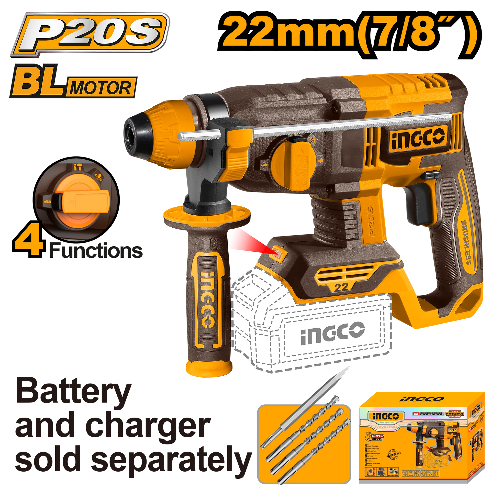 Çekiç dhuniator shpues SDS+ 20V solo baterite jo te perfshira 22mm INGCO CRHLI21228