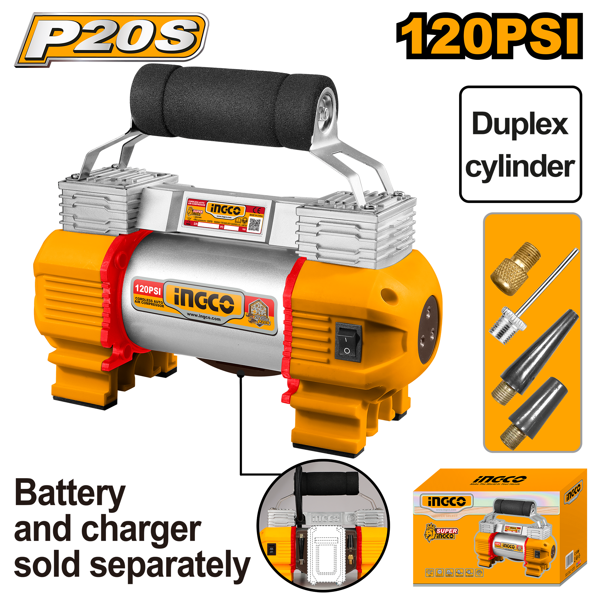 Kompresor baterish për goma 120PSI 20V solo pa bateri INGCO CACLI2026
