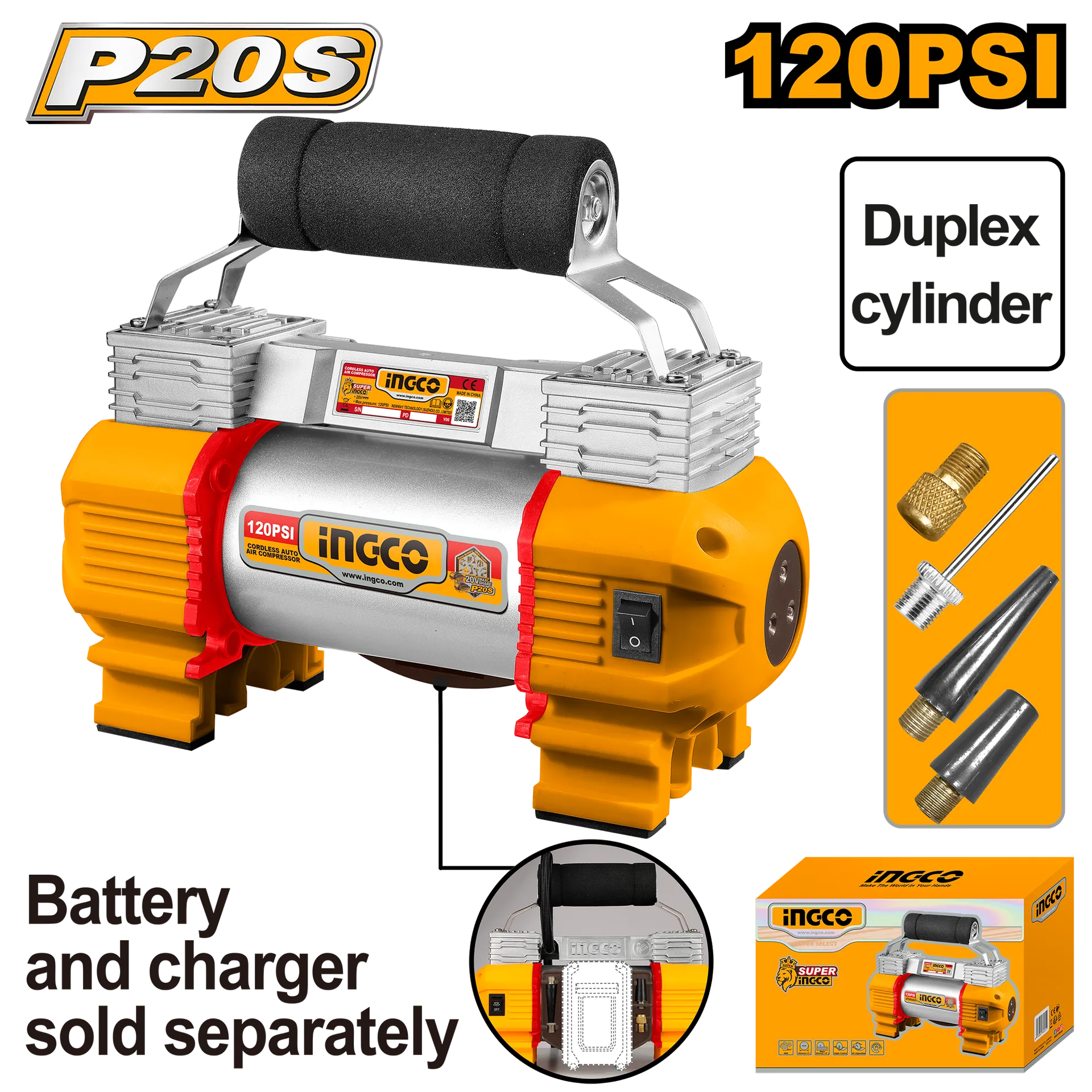 Kompresor baterish për goma 120PSI 20V solo pa bateri INGCO CACLI2026