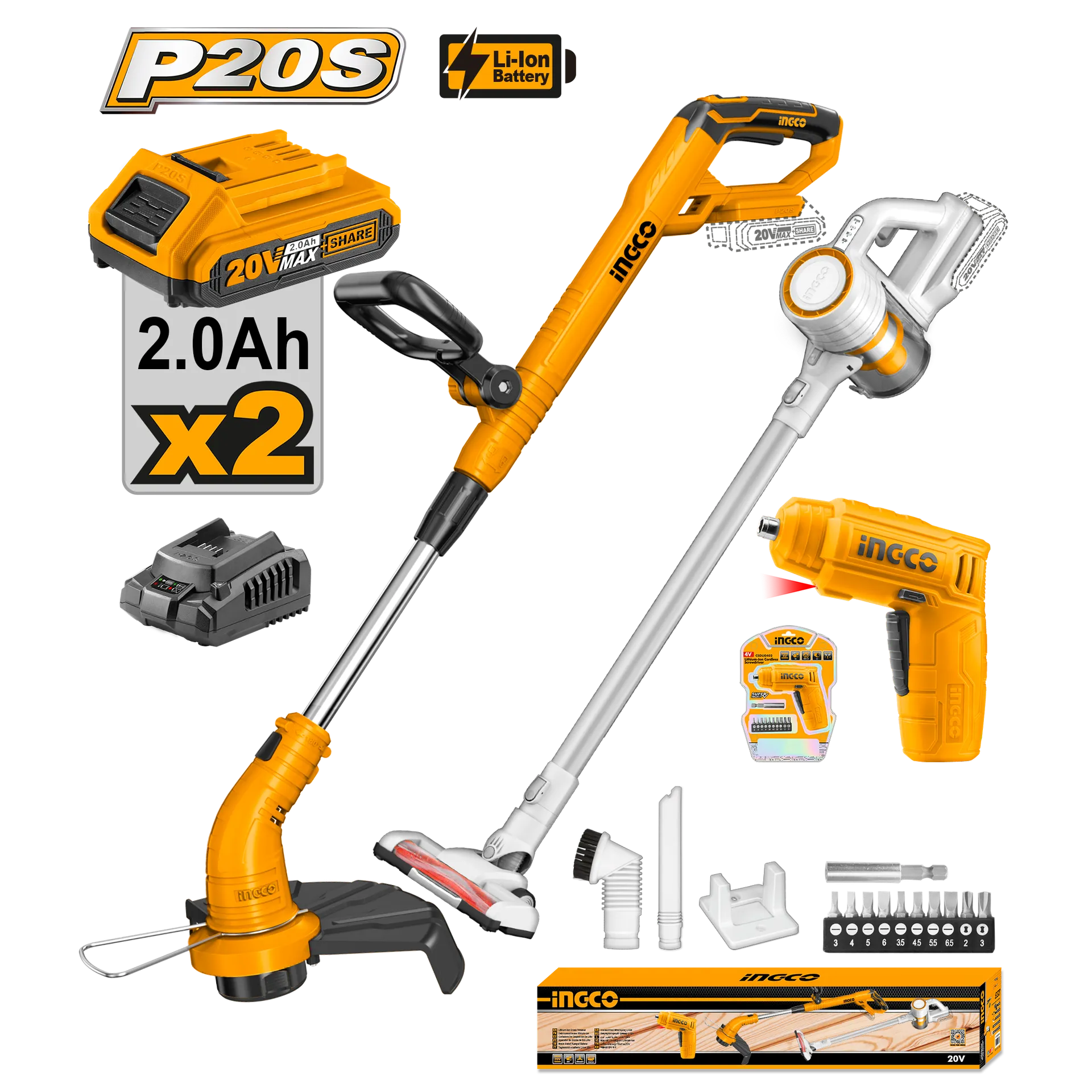 Set trimeri bateri + thithës i drejtë + mini grinder 2x2.0Ah bateritë INGCO COSLI23032E