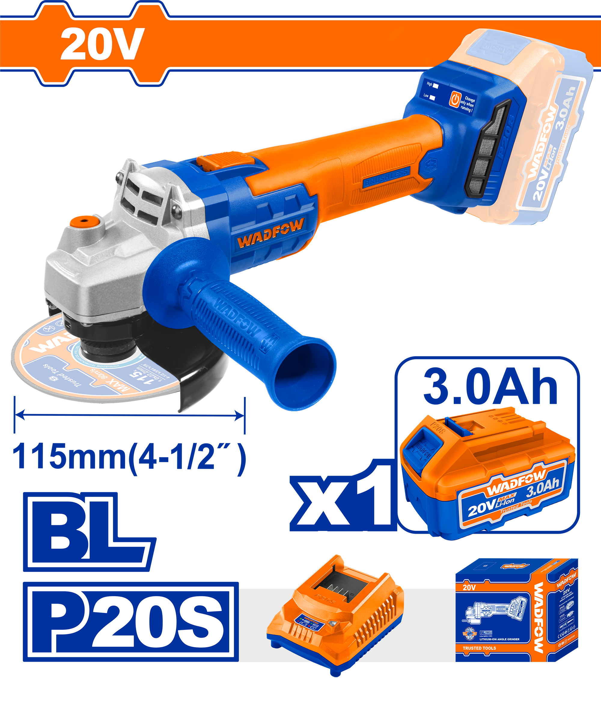 Bruselë këndore 20V 1x3.0Ah baterie WADFOW WLAPM21