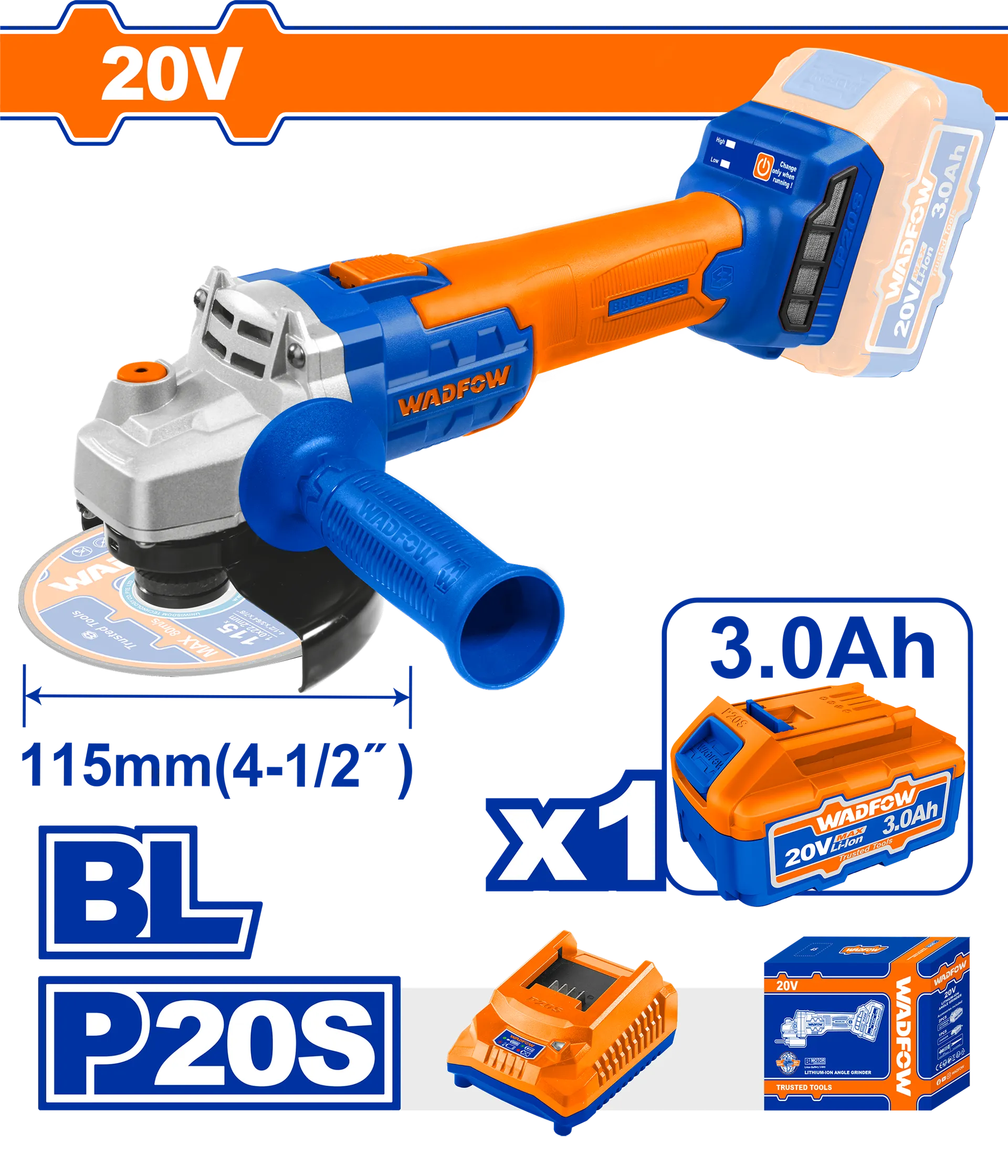 Bruselë këndore 20V 1x3.0Ah baterie WADFOW WLAPM21