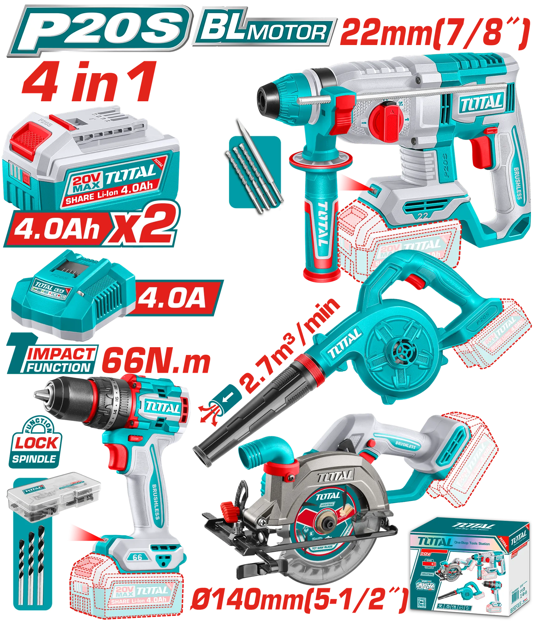 Combo set 4/1 20V 2x4.0Ah TOTAL TOSLI250695