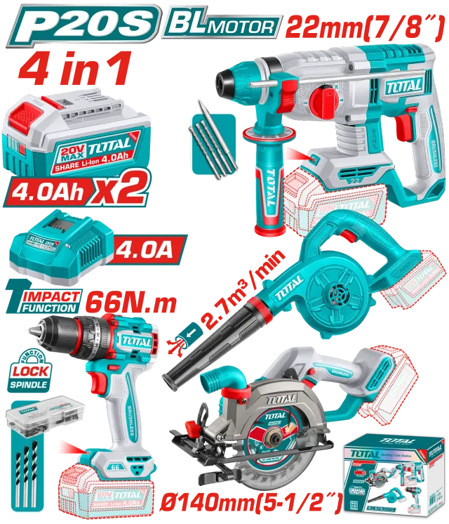 COMBO СЕТ 4/1 20V 2×4.0Ah TOTAL TOSLI250695