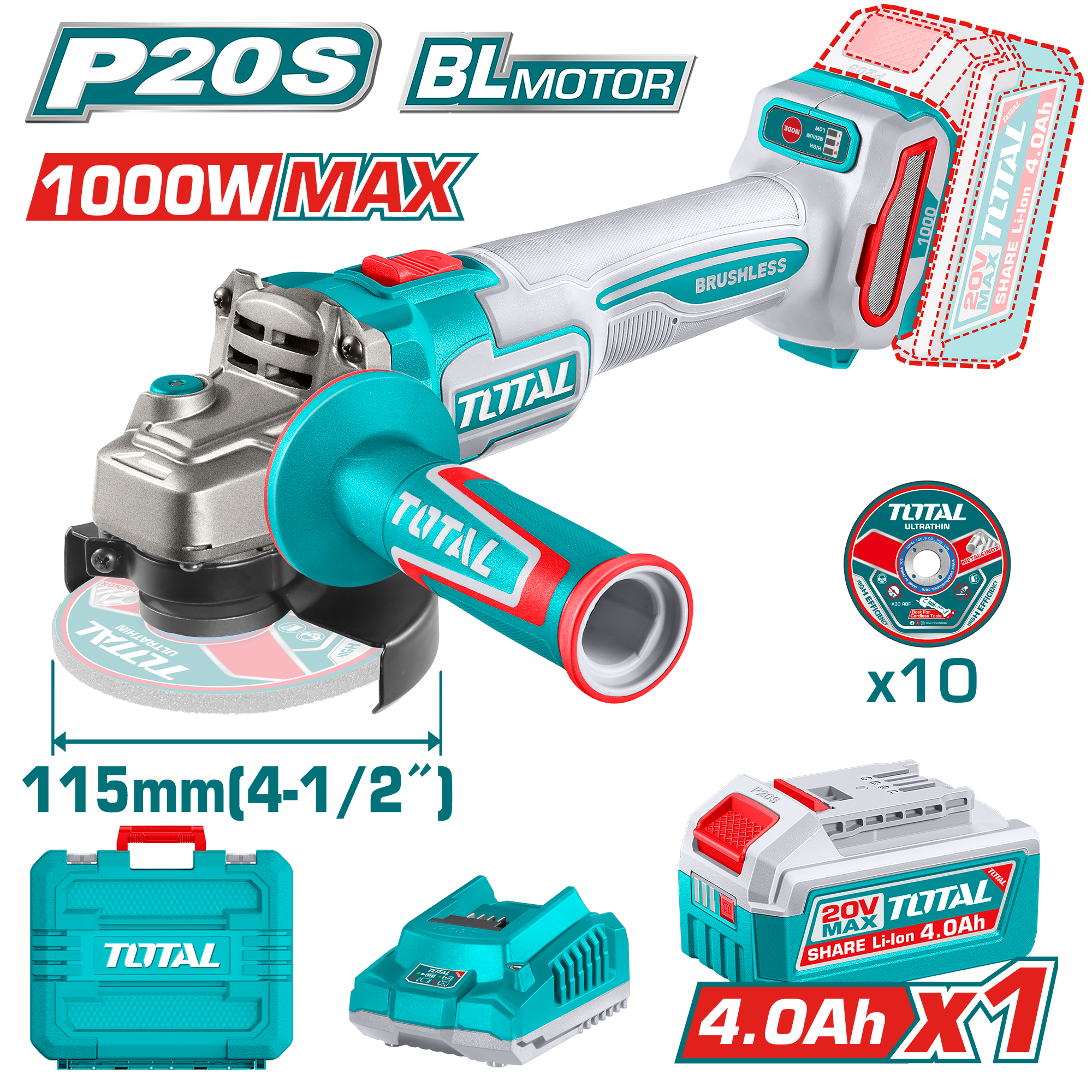 Brusje këndore 20V 1000W 1×4.0Ah TOTAL TAGLI271531