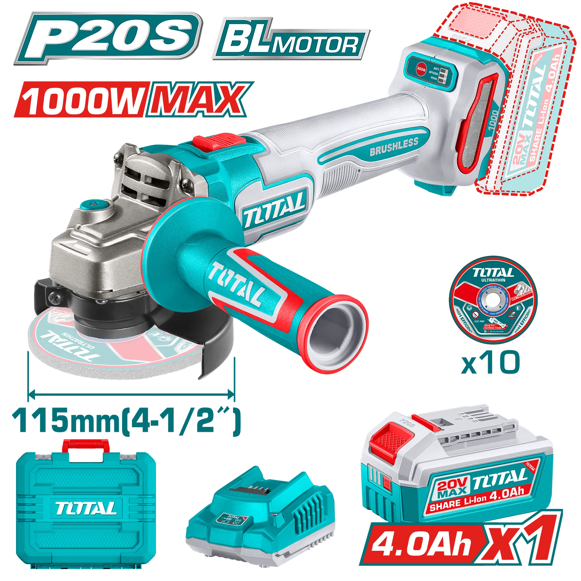Brusje këndore 20V 1000W 1×4.0Ah TOTAL TAGLI271531