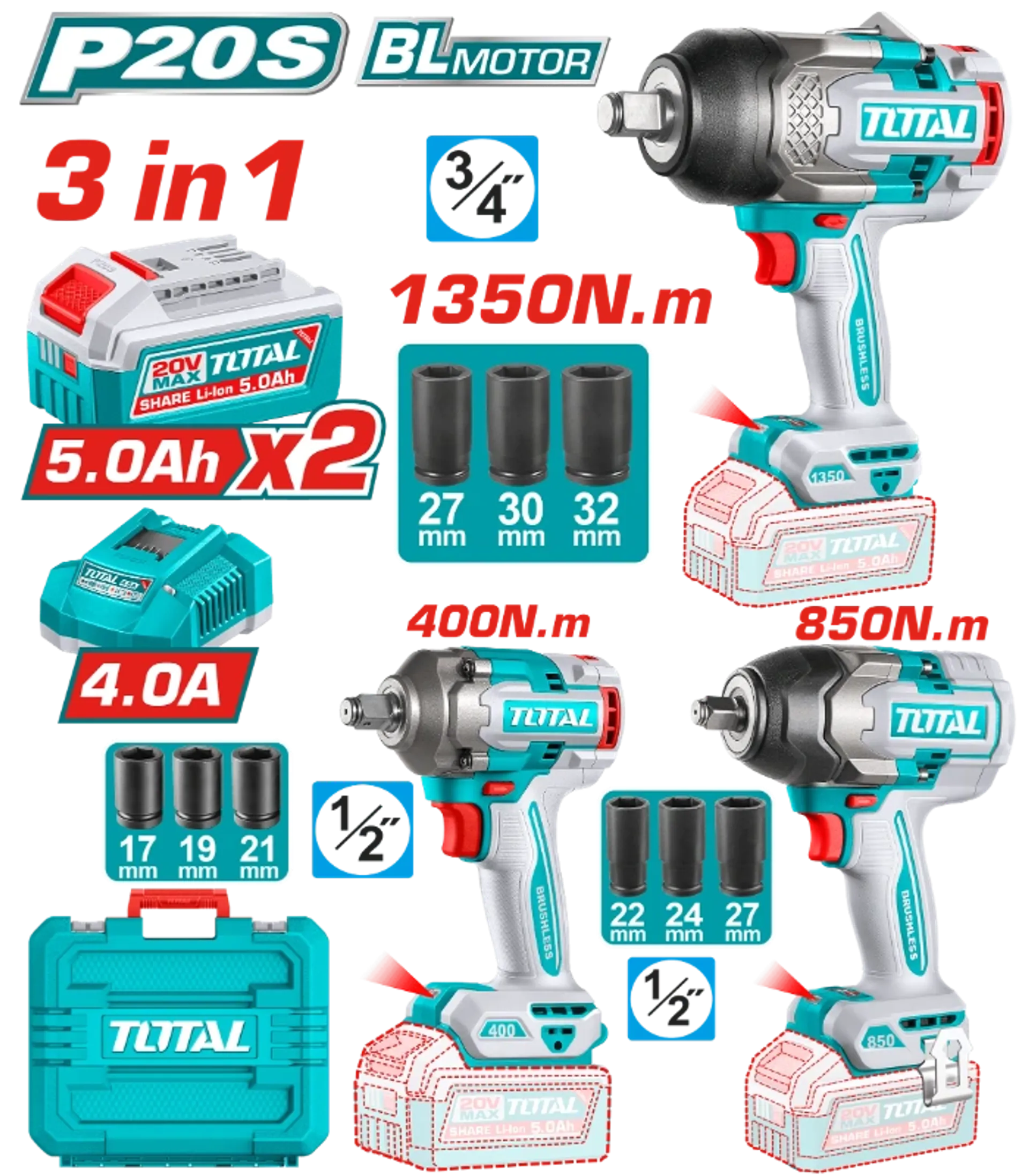 Combo set 3/1 përplakës rrotullues 1350Nm+850Nm+400Nm TOTAL TOSLI250386(M)