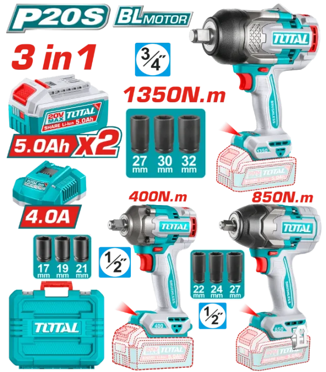 COMBO СЕТ 3/1 УДАРНИ ОДВРТУВАЧИ 1350Nm+850Nm+400Nm TOTAL TOSLI250386(M)