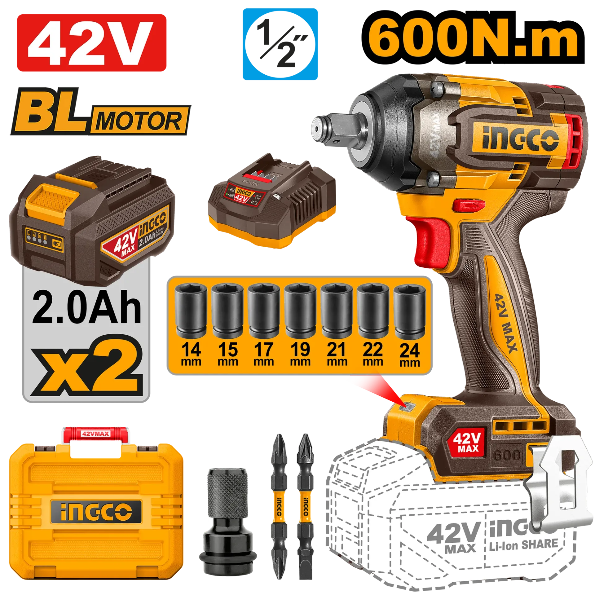 Përplasje INGCO 42V 600Nm 2x2.0Ah CIWLI42602