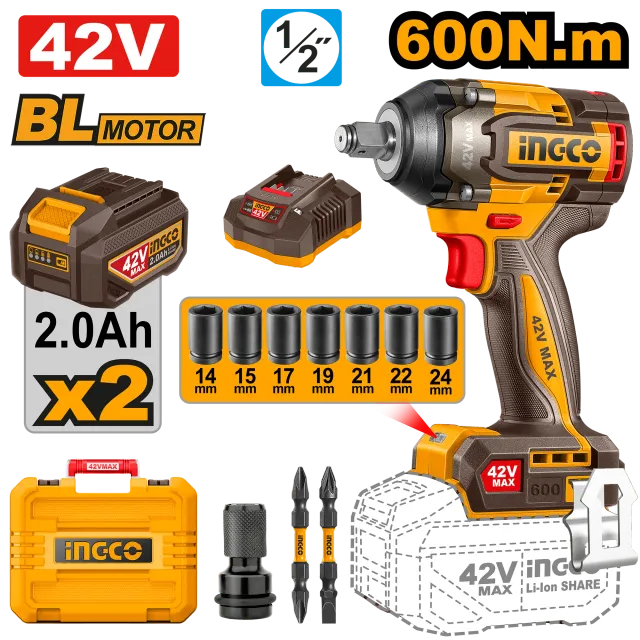 УДАРЕН ОДВРТУВАЧ INGCO 42V 600Nm 2×2.0Ah CIWLI42602