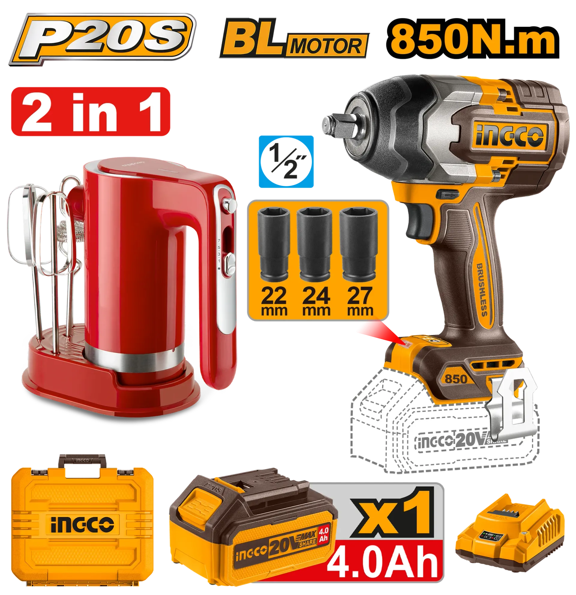 Set dorezh goditje 850Nm 1/2 20V + mikser - INGCO COSLI240313