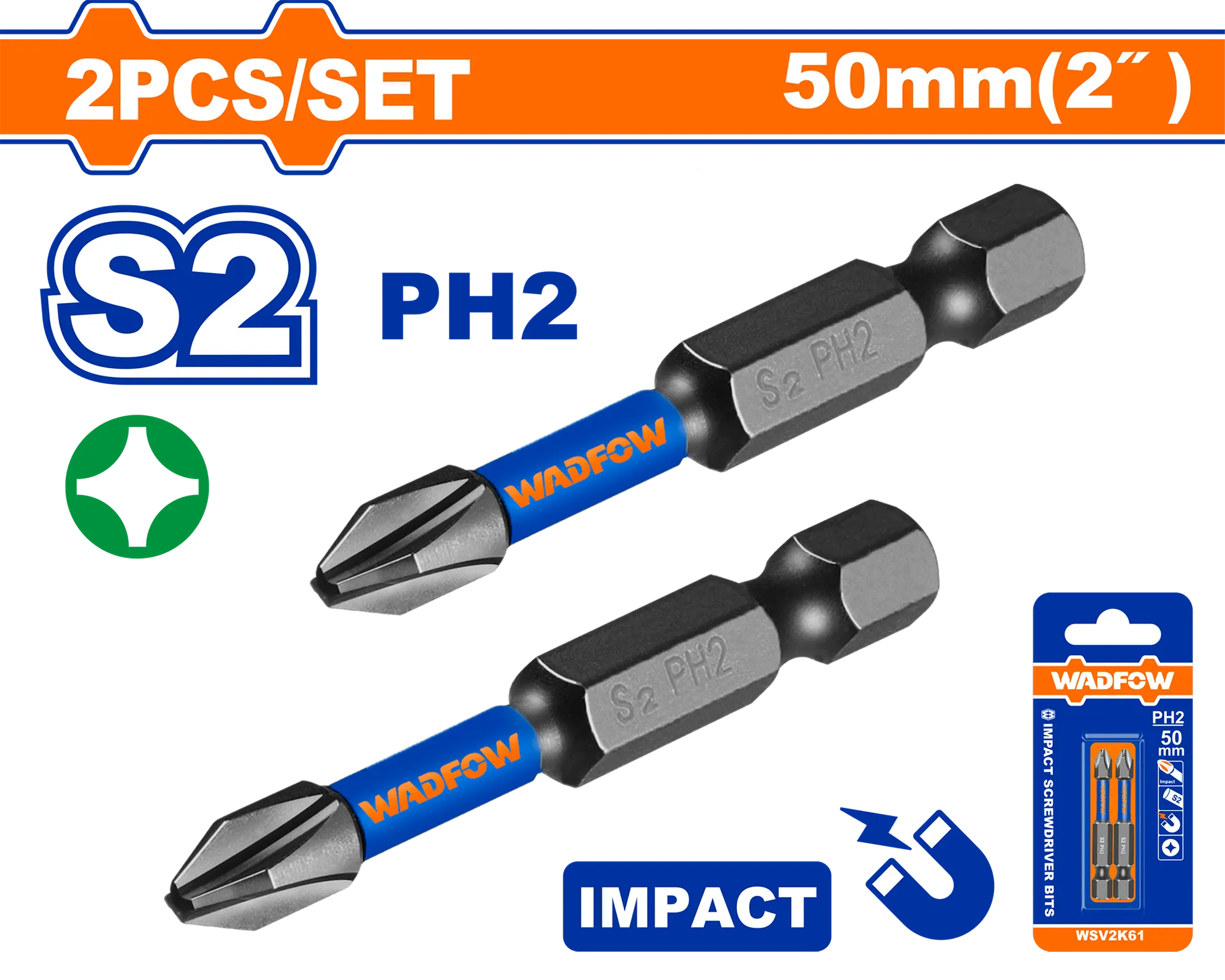 УДАРЕН БИТ 2xPH2 50mm WADFOW WSV2K61