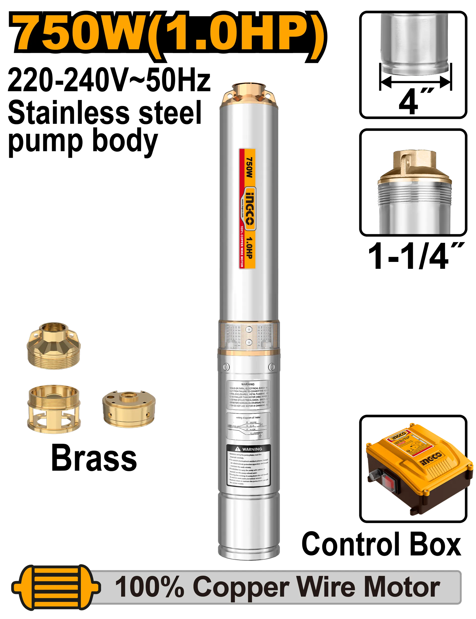 Pompë zhytese për ujë raketuese + bashkim 750W arqendje INGCO DWP75062