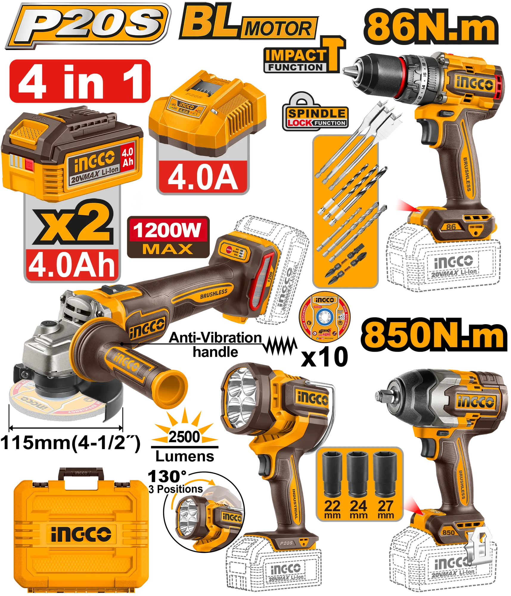 COMBO СЕТ 4/1 20V 2×4.0Ah ШТРАФИЛИЦА 86Nm + АГОЛНА БРУСИЛКА 1200W + УДАРЕН ОДВРТУВАЧ 850Nm + СВЕТИЛКА 2500LM INGCO COSLI251192