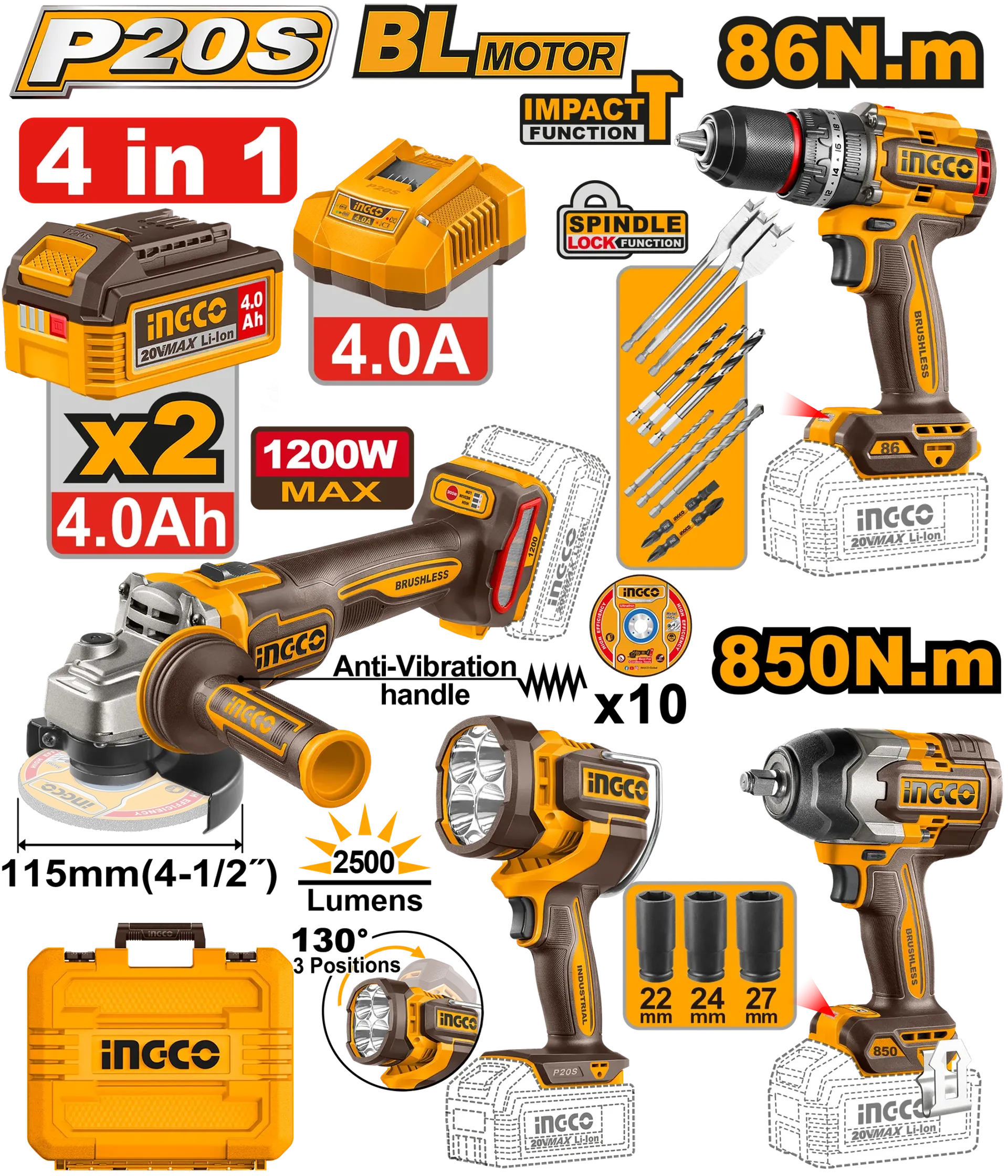 COMBO СЕТ 4/1 20V 2×4.0Ah ШТРАФИЛИЦА 86Nm + АГОЛНА БРУСИЛКА 1200W + УДАРЕН ОДВРТУВАЧ 850Nm + СВЕТИЛКА 2500LM INGCO COSLI251192