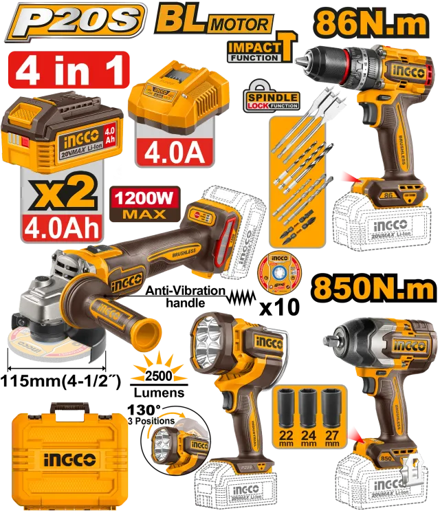 COMBO СЕТ 4/1 20V 2×4.0Ah ШТРАФИЛИЦА 86Nm + АГОЛНА БРУСИЛКА 1200W + УДАРЕН ОДВРТУВАЧ 850Nm + СВЕТИЛКА 2500LM INGCO COSLI251192