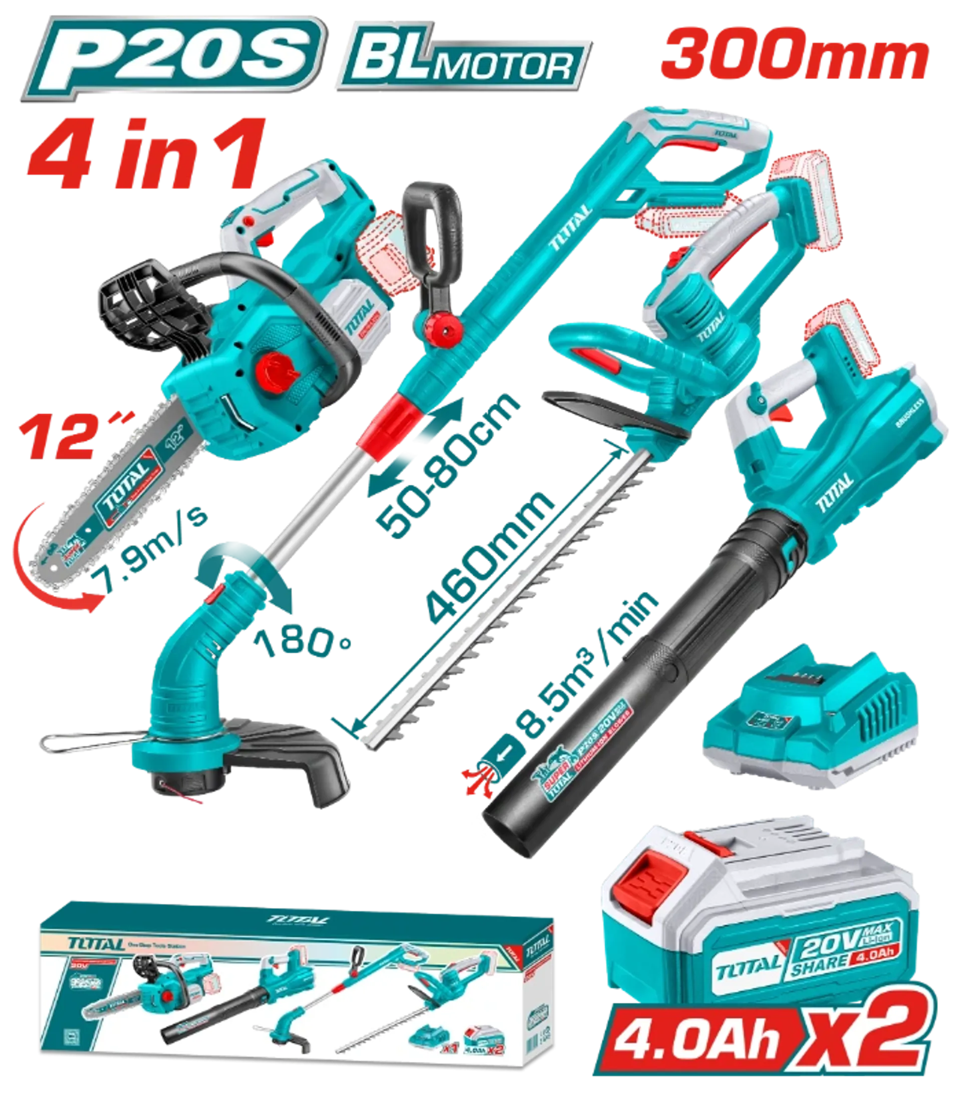 Combo set 4/1 kopshtari 20V 2x4.0Ah TOTAL TOSLI250496(M)