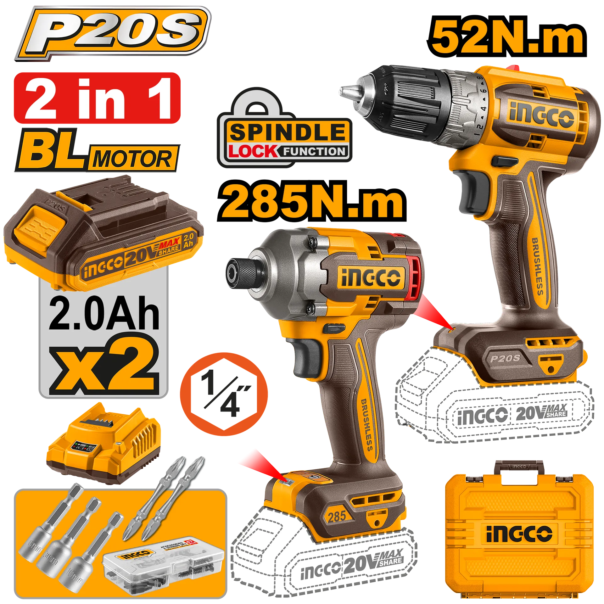 Seti baterie combo 2/1 20V përforcues 52Nm + shkacitëse goditëse 285Nm - INGCO CKLI20272