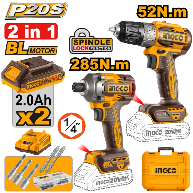 БАТЕРИСКИ COMBO СЕТ 2/1 20V ШТРАФИЛИЦА 52Nm + УДАРЕН ОДВРТУВАЧ 285Nm – INGCO CKLI20272