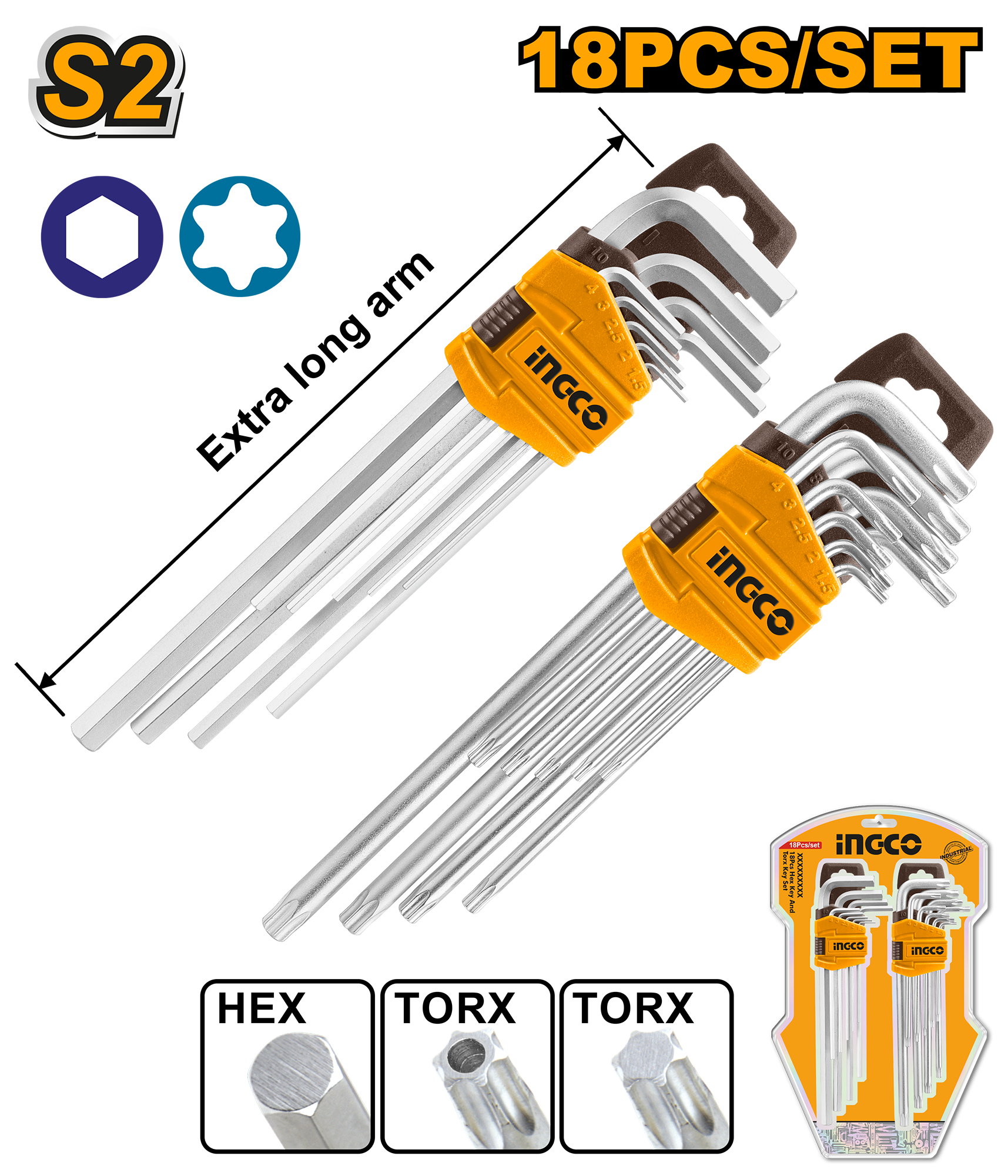 Set çelësash gjashtëkëndore INGCO 18/1 të gjata HHKSET0181