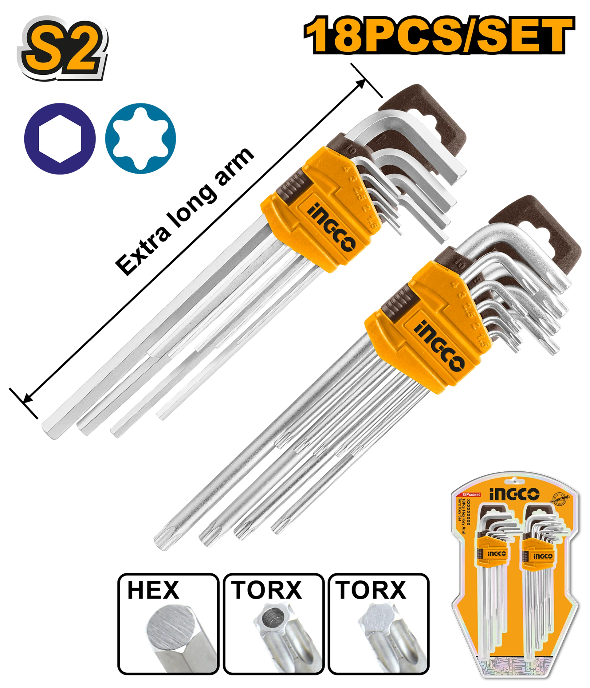 Set çelësash gjashtëkëndore INGCO 18/1 të gjata HHKSET0181