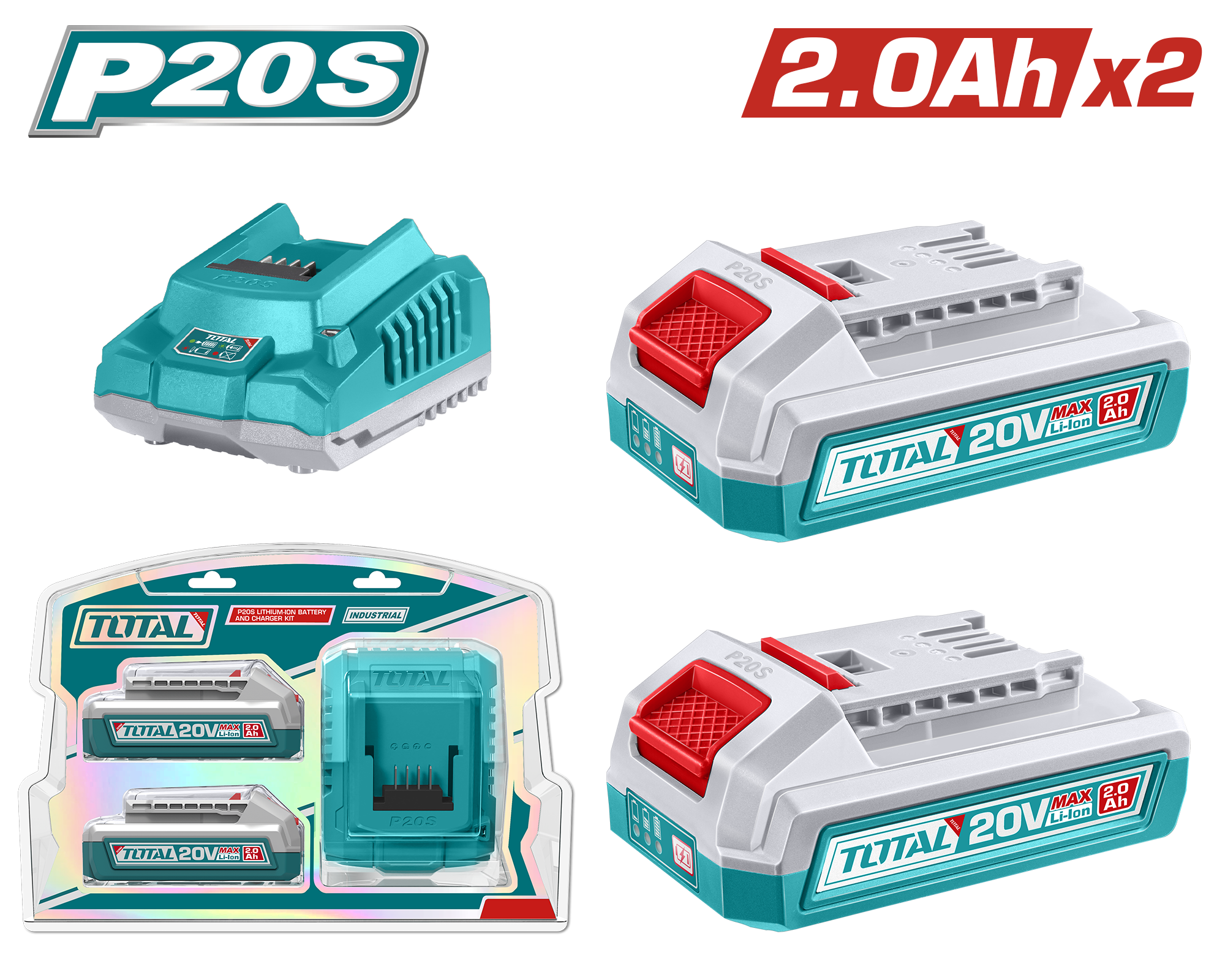 Bateri TOTAL 20V 2×2.0Ah + ngarkues 2A TFBCPK1222