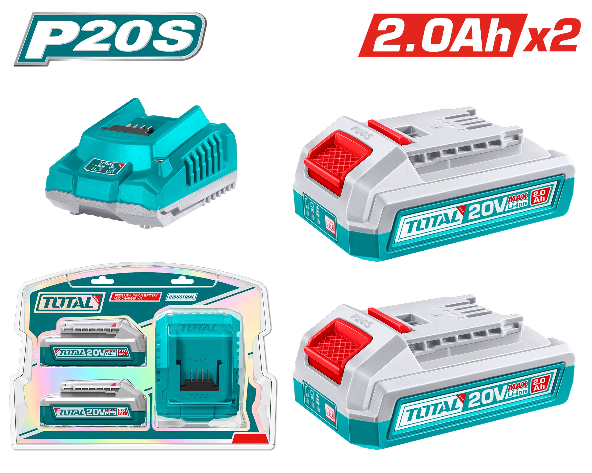 Bateri TOTAL 20V 2×2.0Ah + ngarkues 2A TFBCPK1222