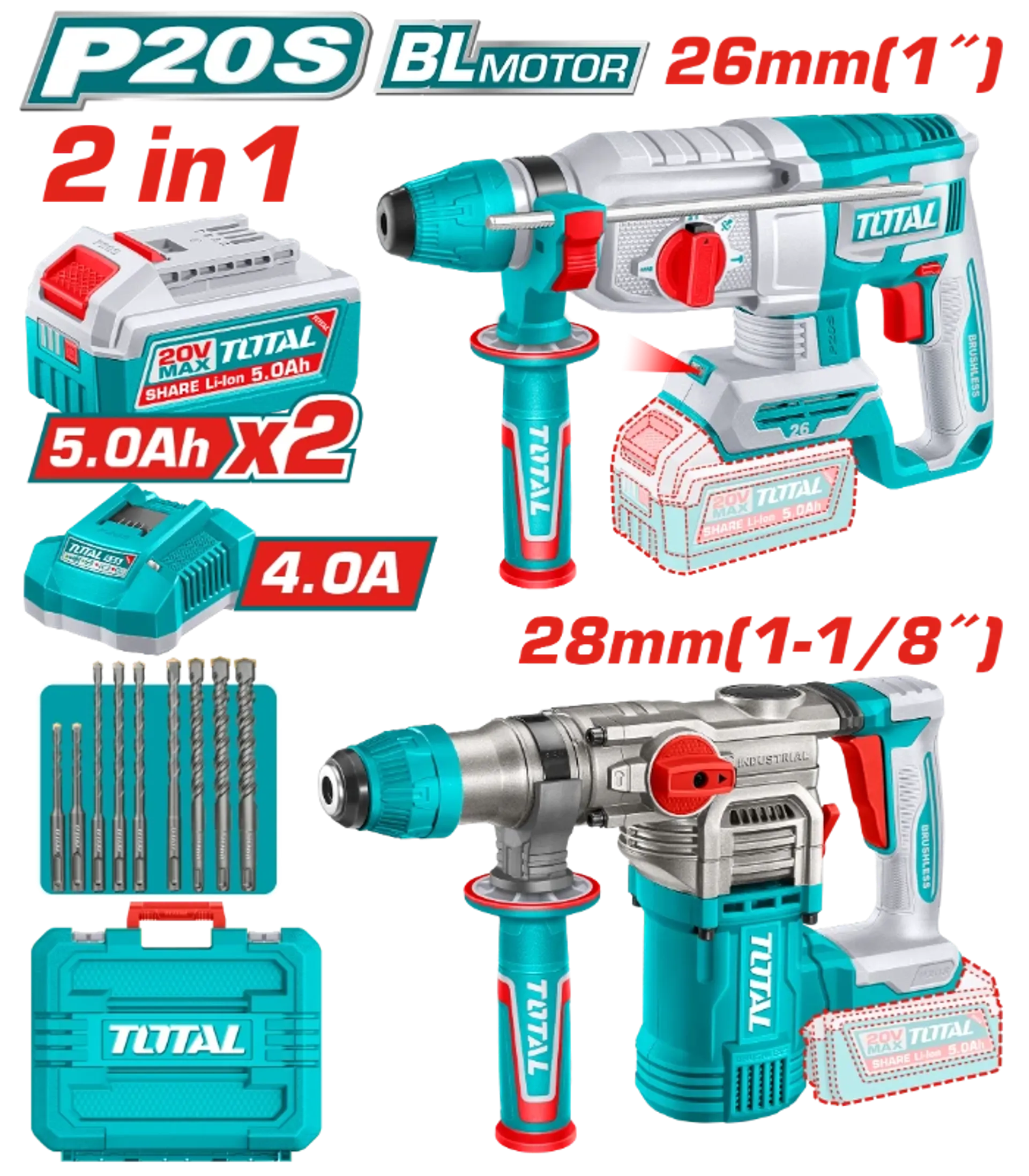 Combo set 2/1 pusa goditëse 26mm + 28mm 20V 2x5.0Ah TOTAL TOSLI250462(M)
