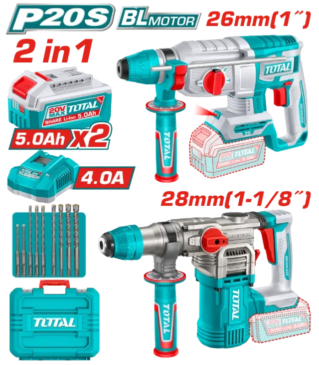 COMBO СЕТ 2/1 УДАРНИ ДУПЧАЛКИ 26mm + 28mm 20V 2×5.0Ah TOTAL TOSLI250462(M)