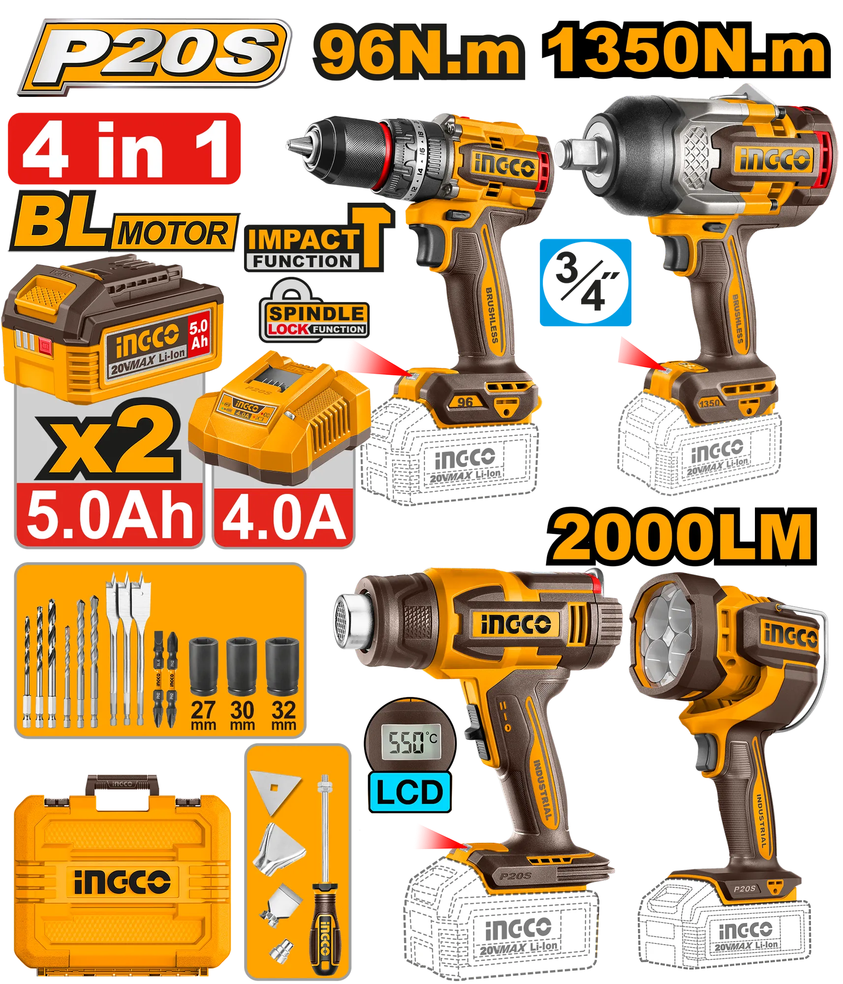 Combo sët 4/1 20V 2x5.0Ah INGCO COSLI250608