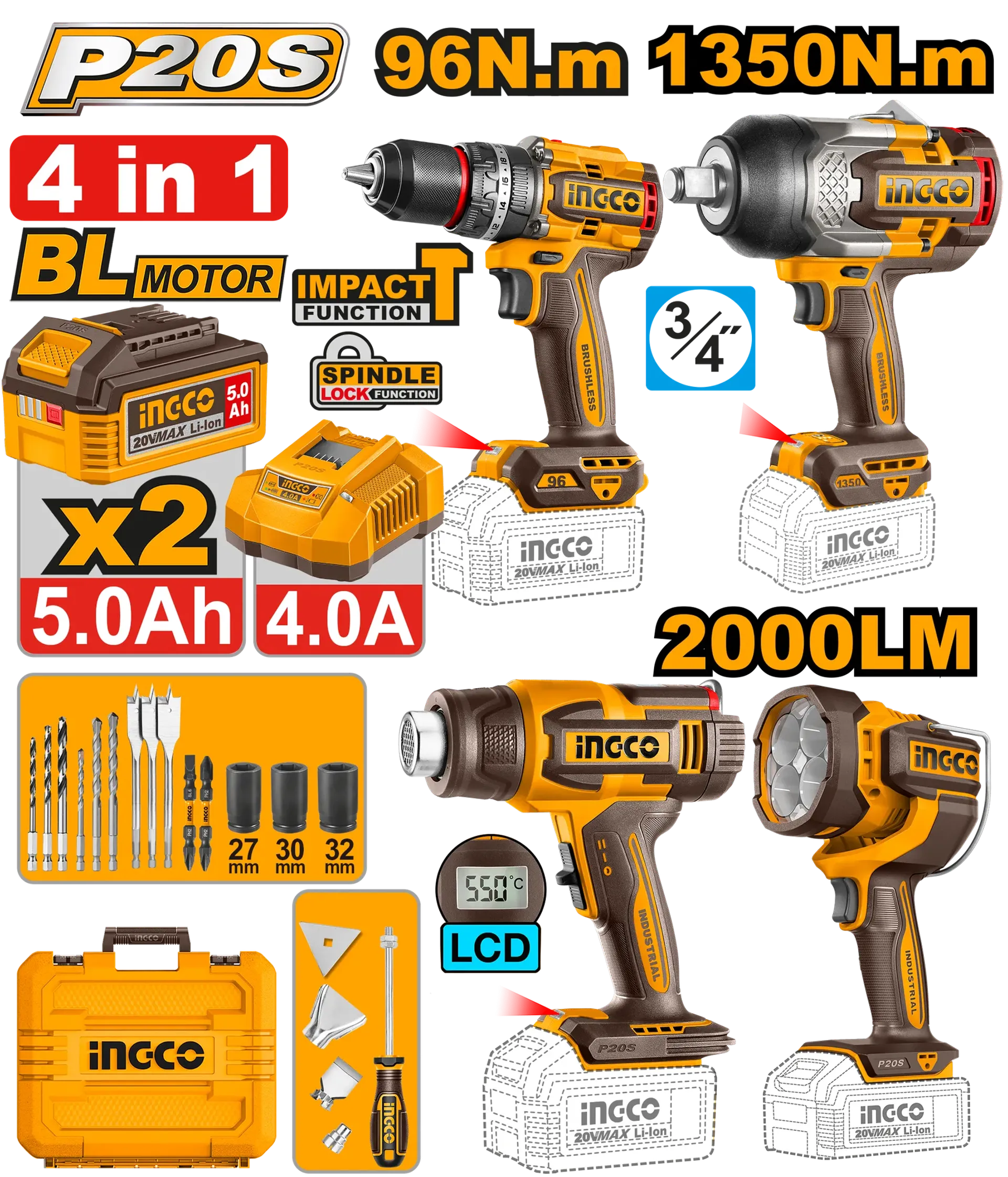 Combo sët 4/1 20V 2x5.0Ah INGCO COSLI250608