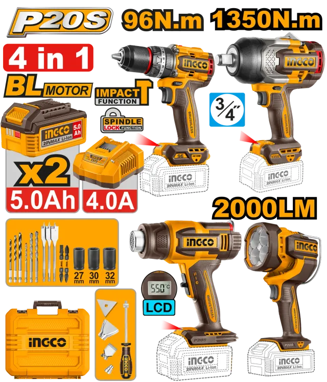 COMBO СЕТ 4/1 20V 2×5.0Ah INGCO COSLI250608