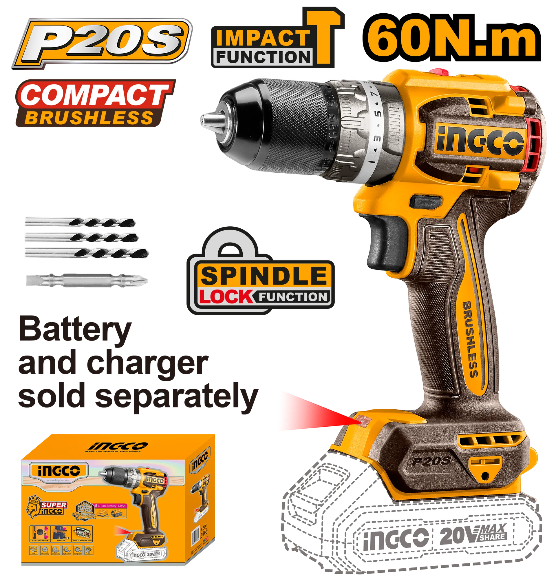 Shpueluese 20V solo pa bateri me goditje 60N INGCO CIDLI206021