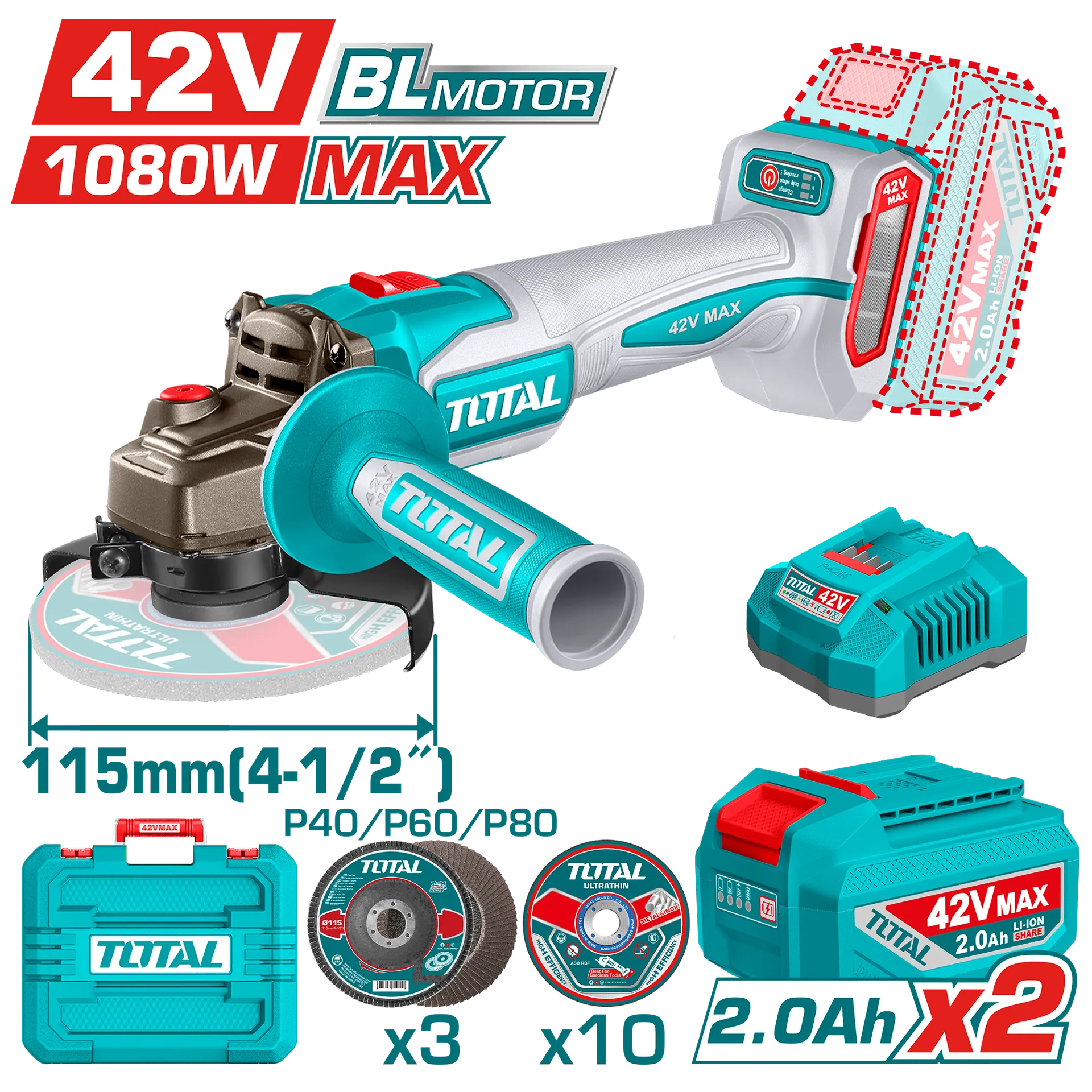 Bluese ketore 115mm 1080W 42V 2×2.0Ah baterie TOTAL TAGLI4108112