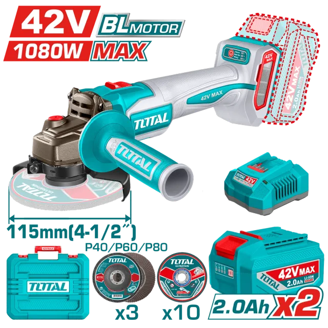 АГОЛНА БРУСАЛКА 115mm 1080W 42V 2×2.0Ah БАТЕРИИ TOTAL TAGLI4108112