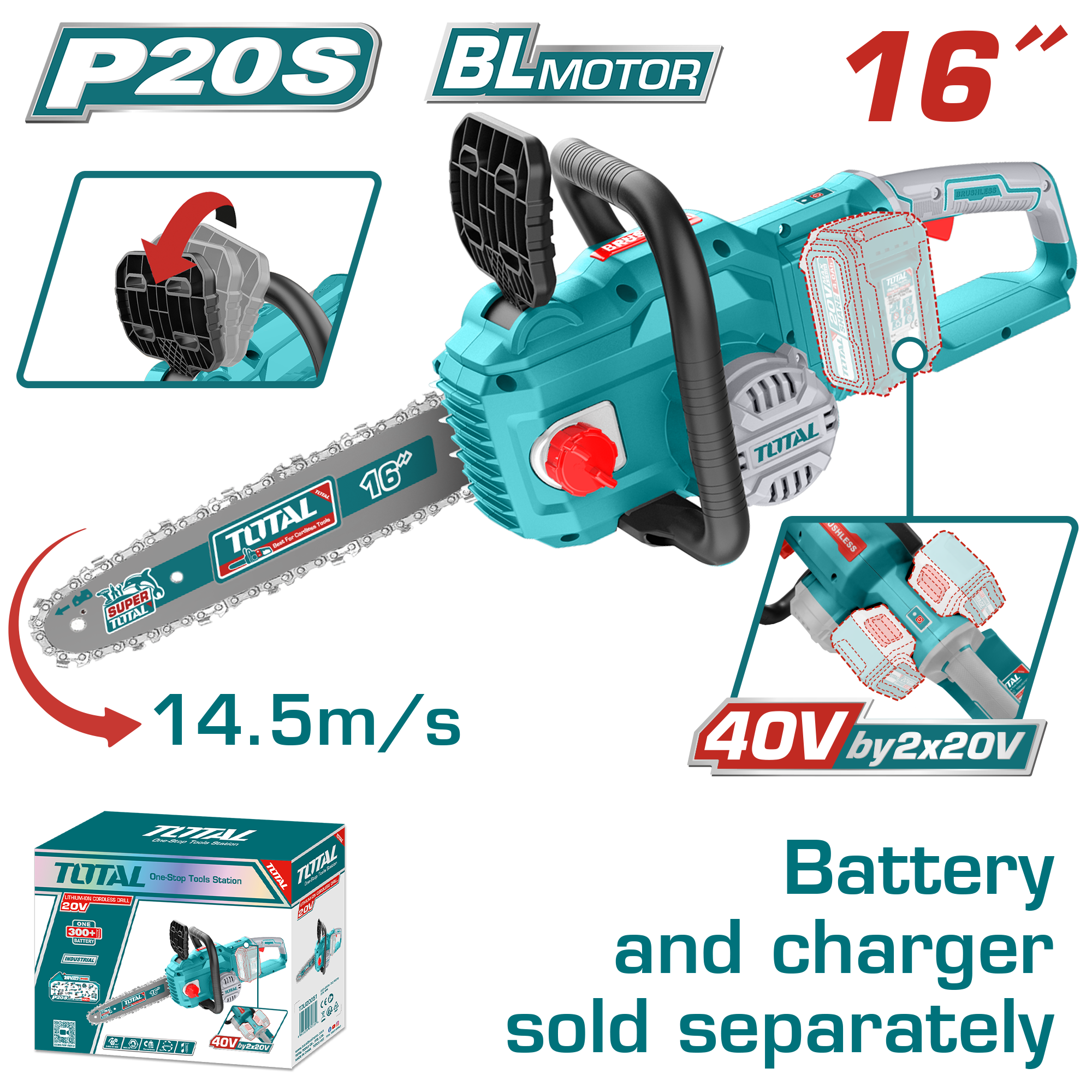 МОТОРНА ПИЛА 40V (2x20V) СОЛО БЕЗ БАТЕРИИ 16″ ТОТAL TOTAL TGSLI40168