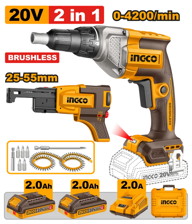 БАТЕРИСКИ ОДВРТУВАЧ ЗА КНАУФ 2 во 1 BRUSHLESS 20V 2x2.0Ah INGCO CDSLI204268