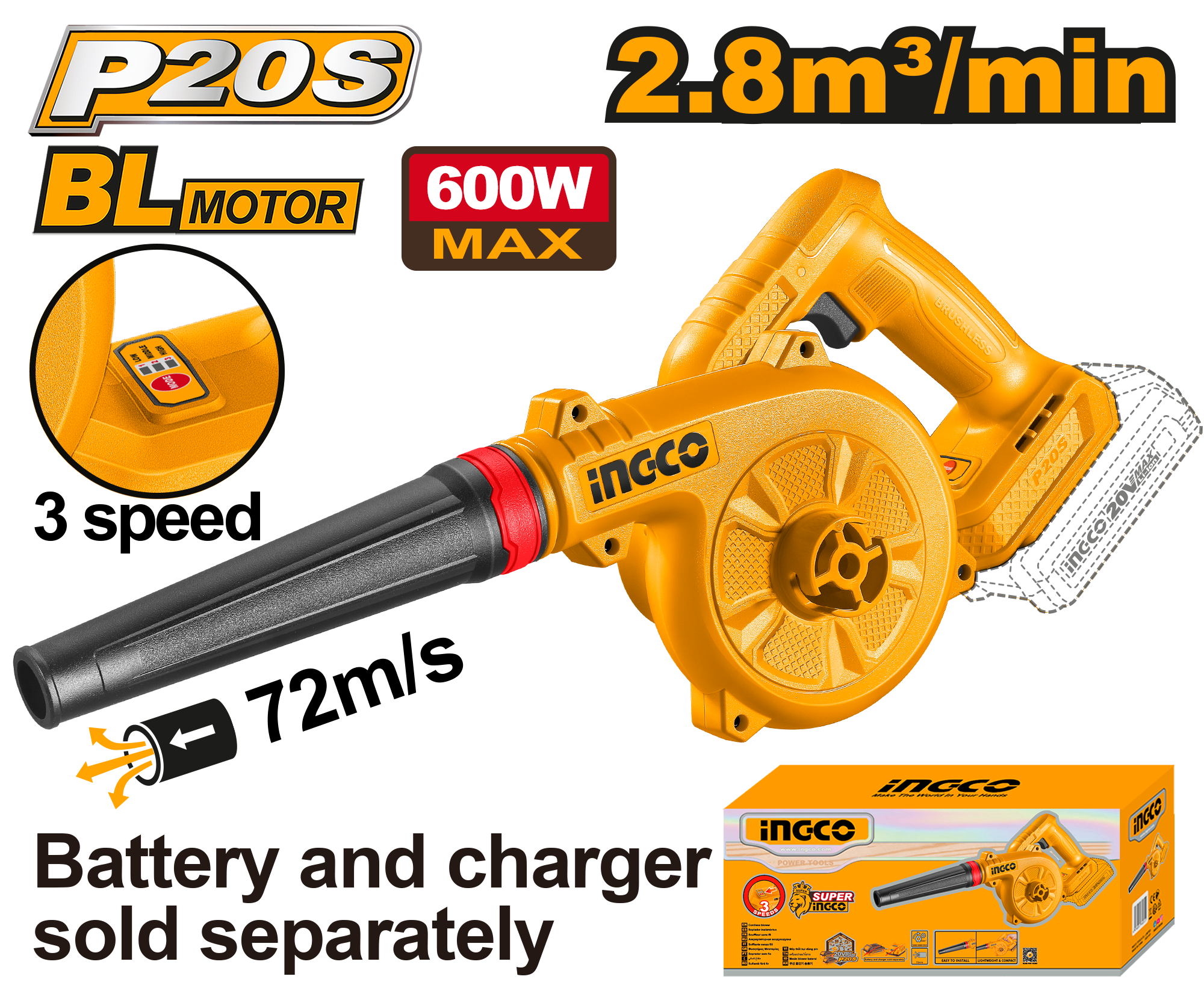Duvëse 2.8m3/min 20V solo pa bateri INGCO CABLI2068