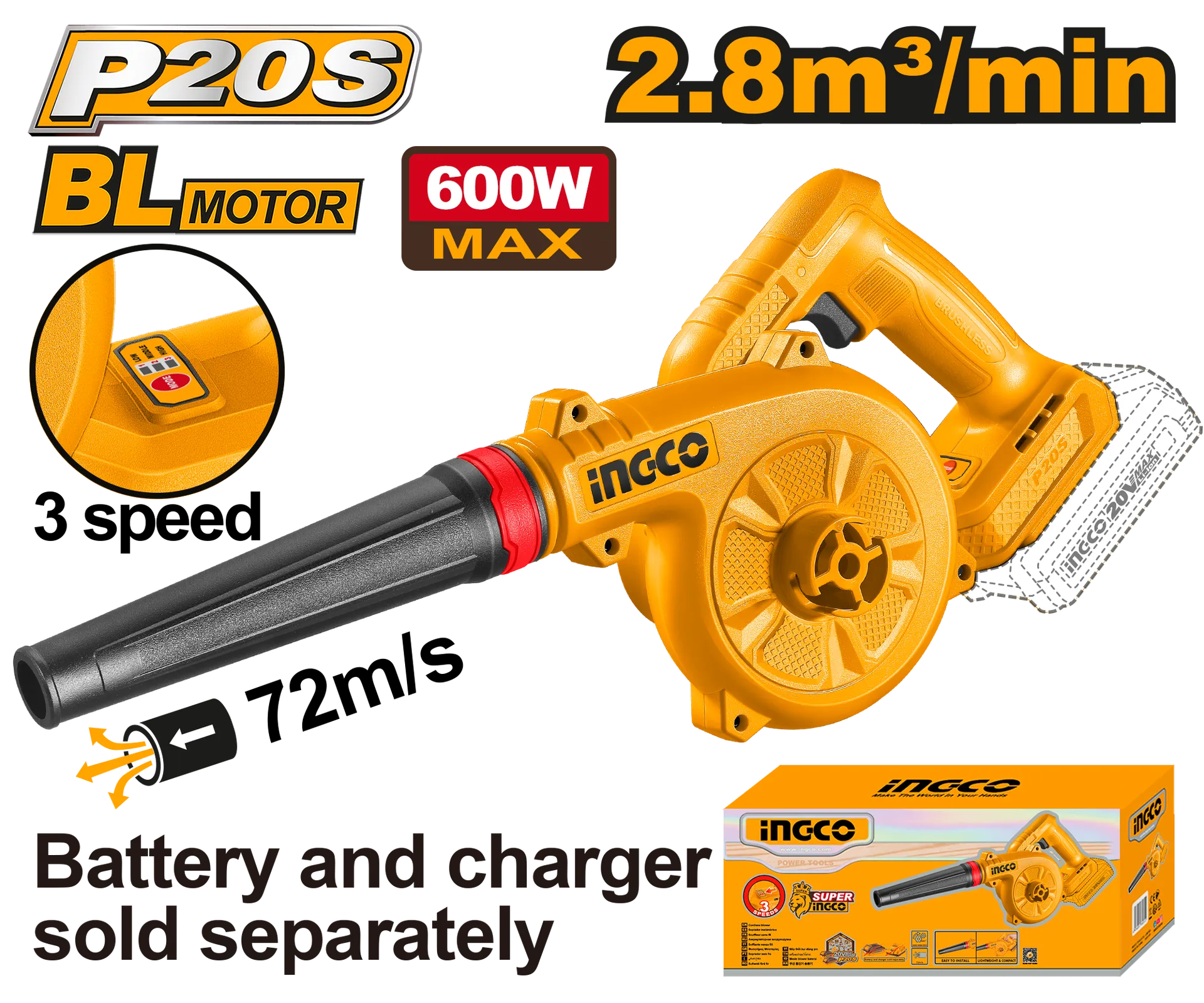 ДУВАЛКА 2.8m3/min 20V СОЛО БЕЗ БАТЕРИИ INGCO CABLI2068