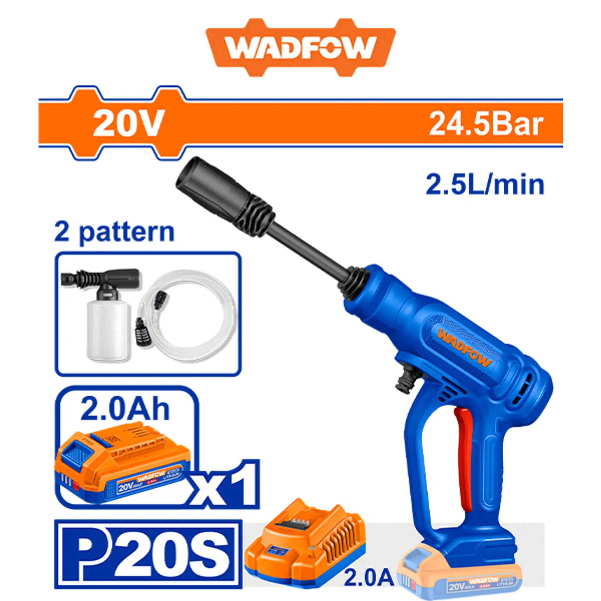 Батериски вап WADFOW WQX01203 20V 24.5Bar со прскалка со 2 режима, црево, шише за пена, батерија 2.0Ah и полнач