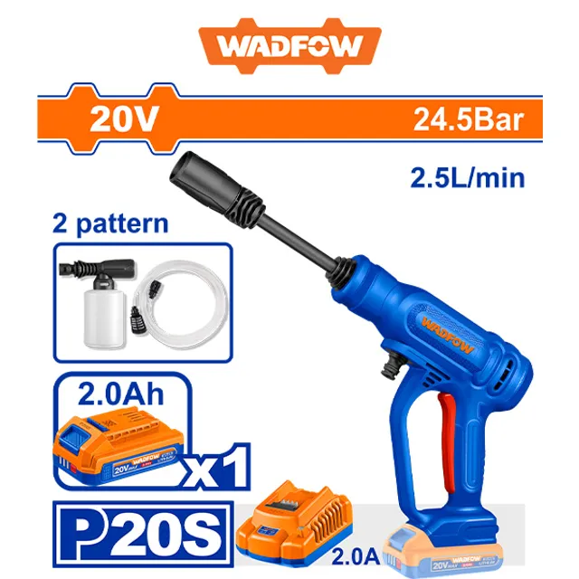 Батериски вап WADFOW WQX01203 20V 24.5Bar со прскалка со 2 режима, црево, шише за пена, батерија 2.0Ah и полнач
