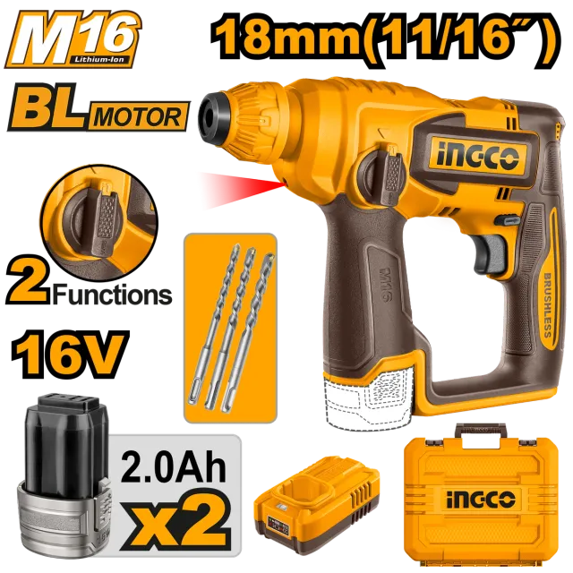 УДАРЕН ЧЕКАН ДУПЧАЛКА SDS+ 16V 2×2.0Ah 18mm INGCO CRHLI16168