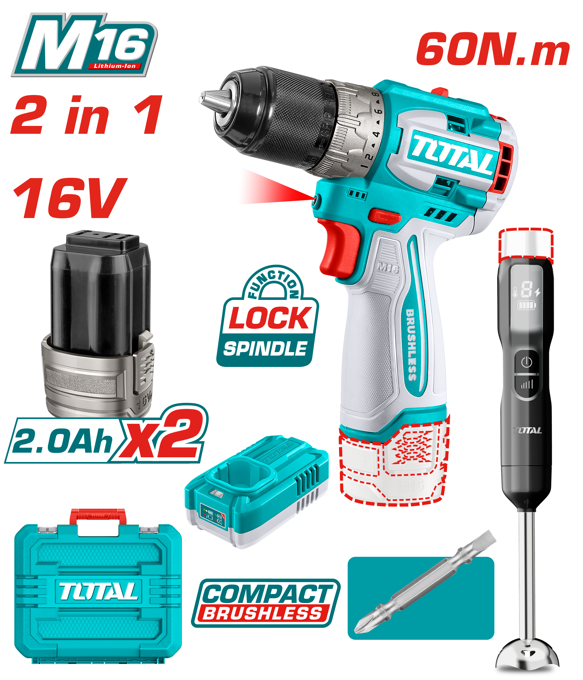 Seti kombinim 2/1 vidhnuese 16V 2×2.0Ah bateria + blender dore TOTAL TCKLI1628