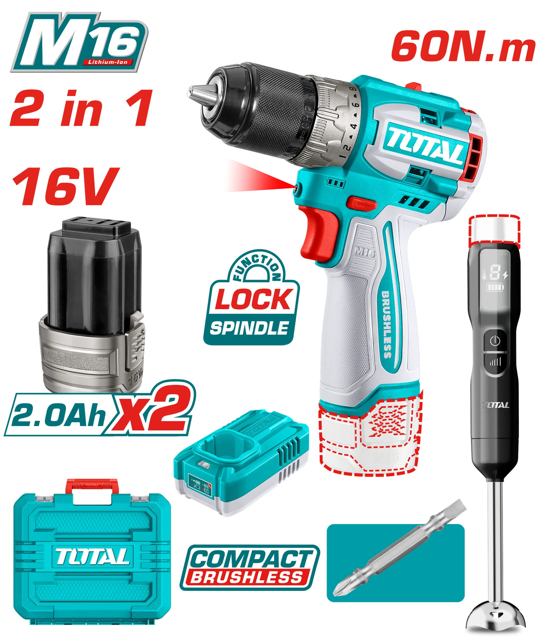 Seti kombinim 2/1 vidhnuese 16V 2×2.0Ah bateria + blender dore TOTAL TCKLI1628