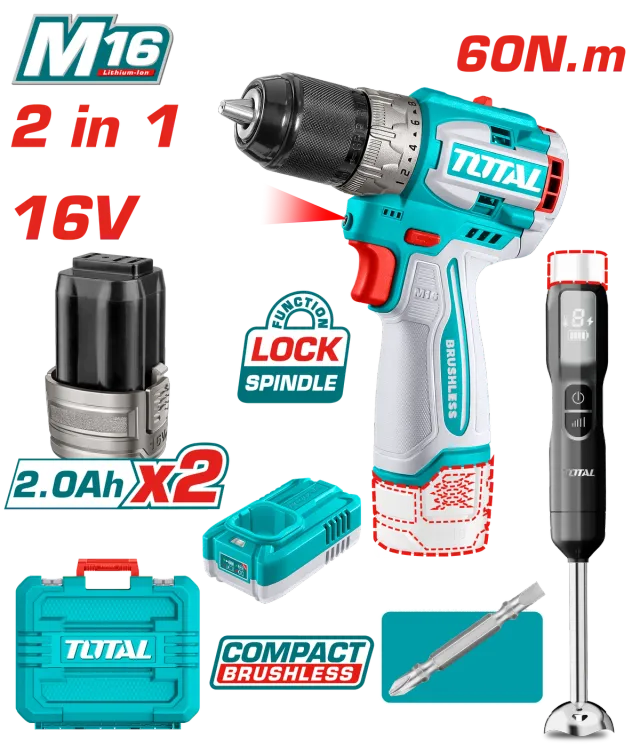 COMBO СЕТ 2/1 ШТРАФИЛИЦА 16V 2×2.0Ah БАТЕРИИ + РАЧЕН БЛЕНДЕР TOTAL TCKLI1628